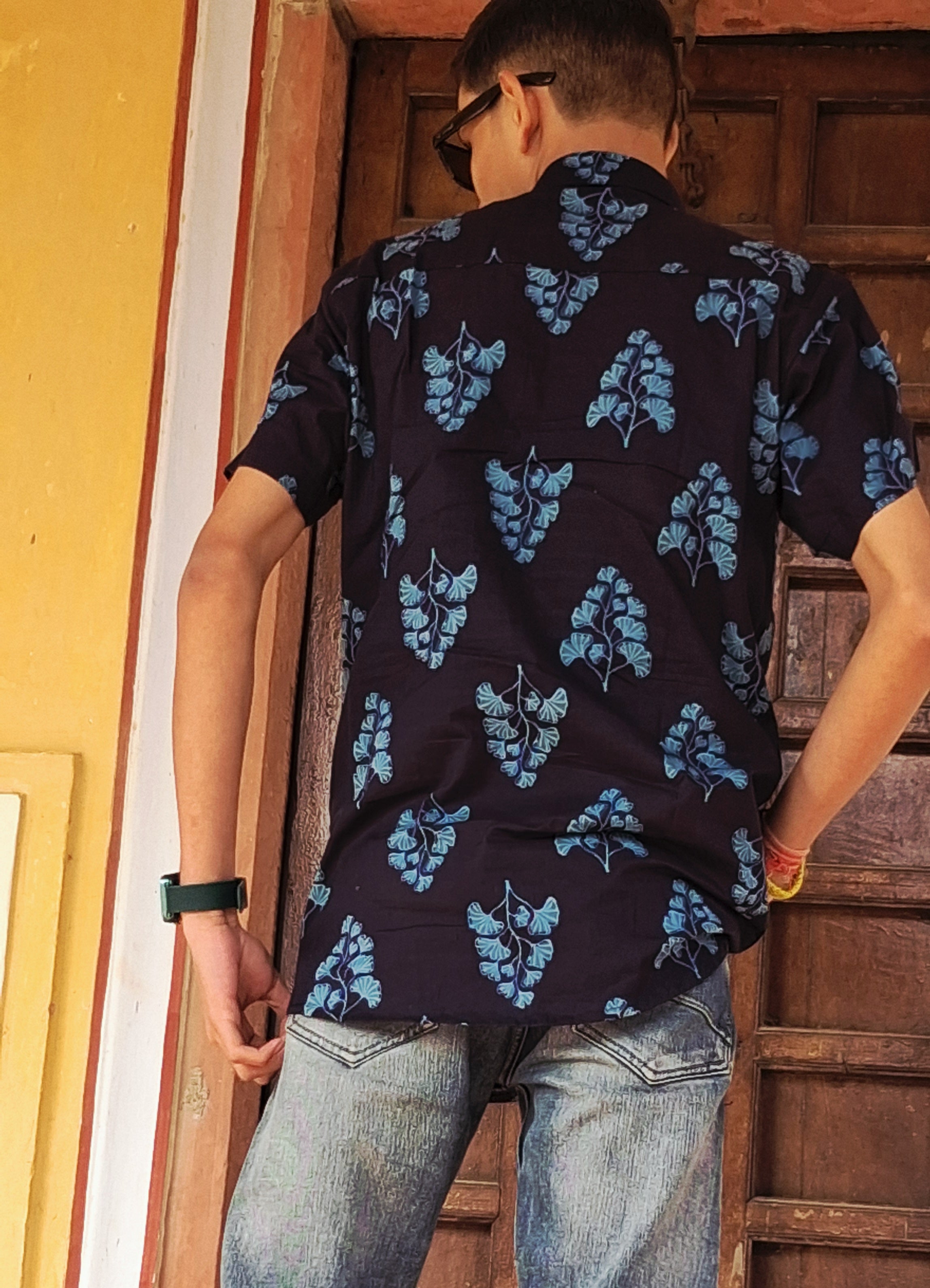 The Varun Shirt | Midnight Blue Leaf Print Shirt