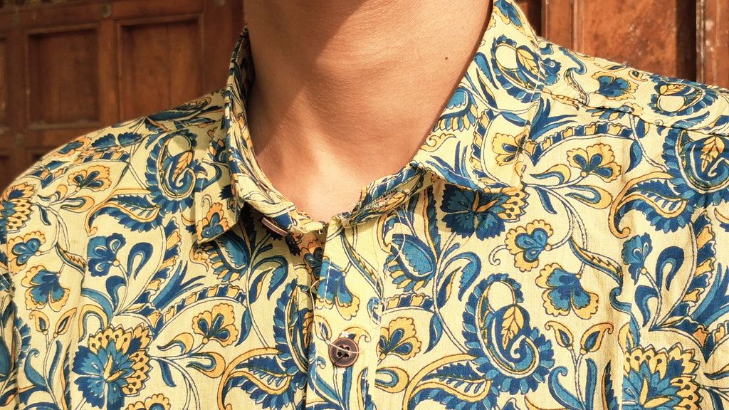 The Vihaan Shirt | Cream & Blue Sanganeri Print Shirt