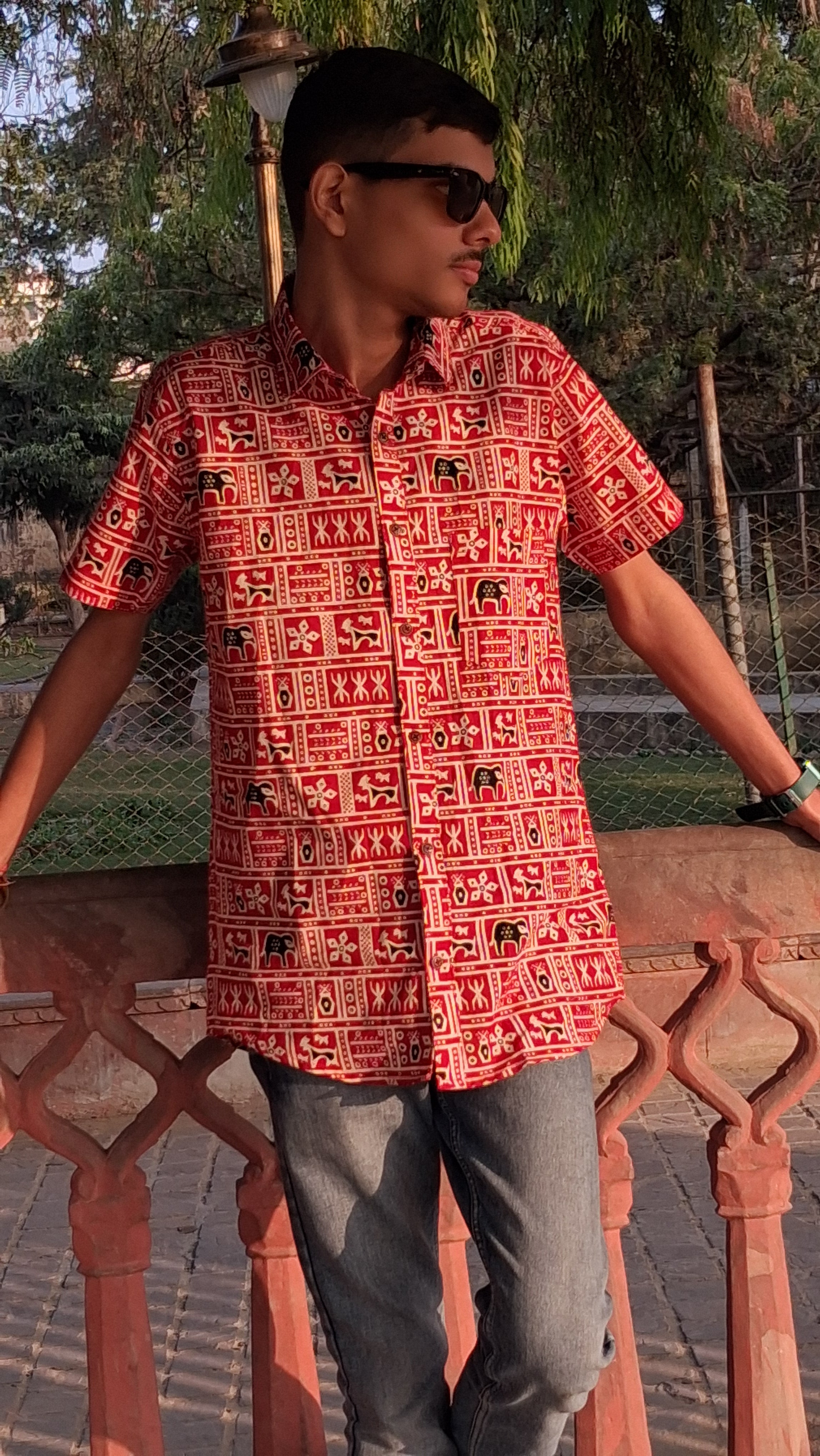The Rudra Shirt | Brick Red Geometric Block Print