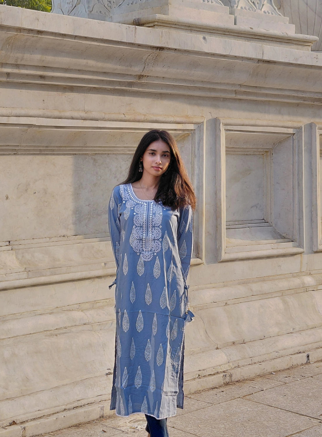The Naina Kurta | Steel Blue Mirror-Work Cotton Kurta