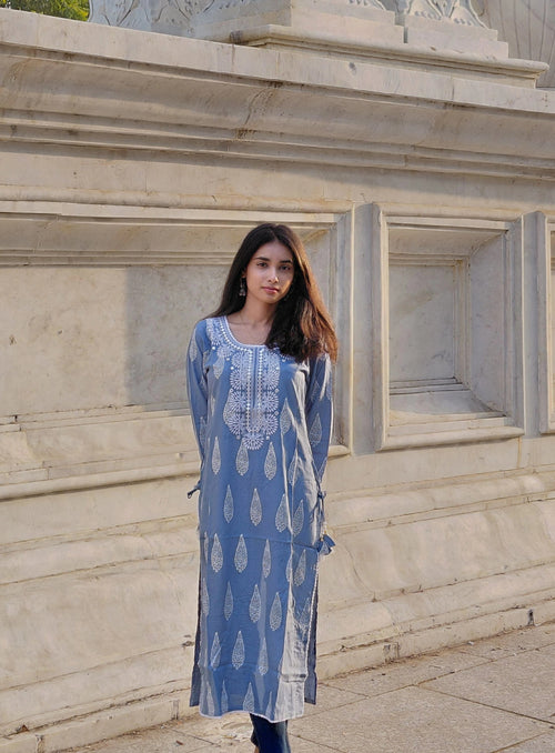 Naina Steel Blue Mirror-Work Cotton Kurta - Elegant Ethnic Wear