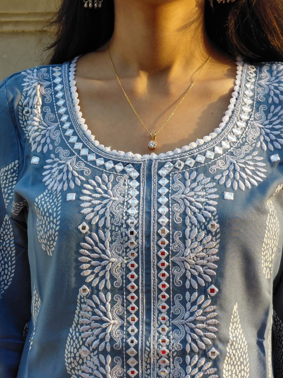 The Naina Kurta | Steel Blue Mirror-Work Cotton Kurta