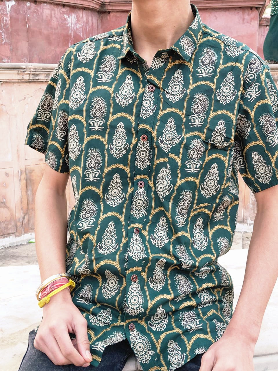 The Arhaan Shirt | Bottle Green Ethnic Print Shirt