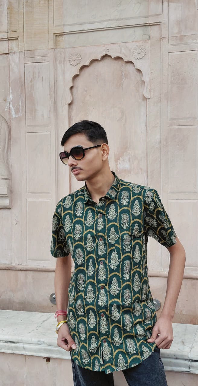 The Arhaan Shirt | Bottle Green Ethnic Print Shirt