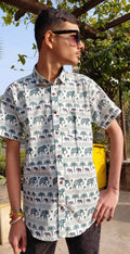 The Gajraj Shirt | White Elephant & Palm Print Shirt