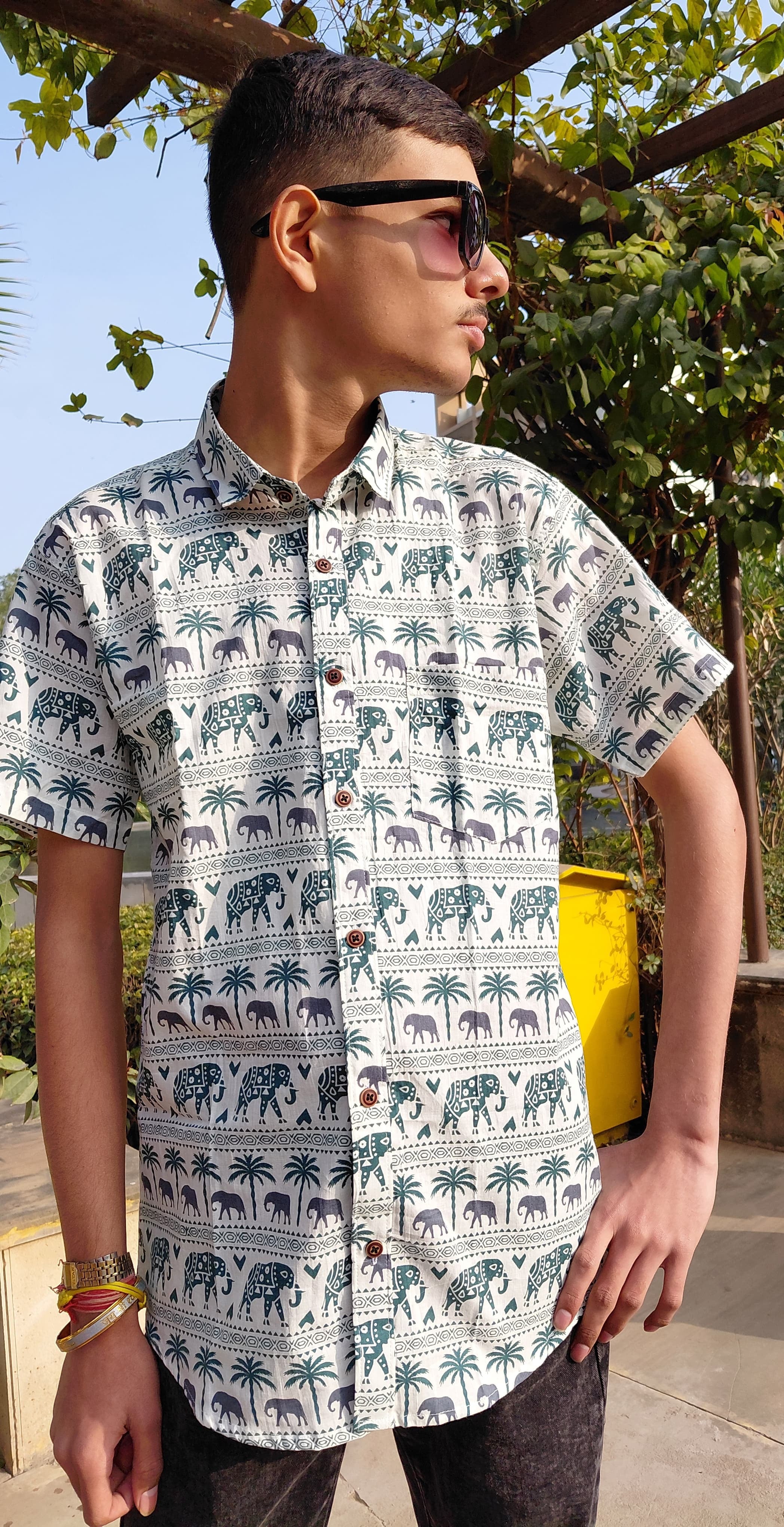 The Gajraj Shirt | White Elephant & Palm Print Shirt