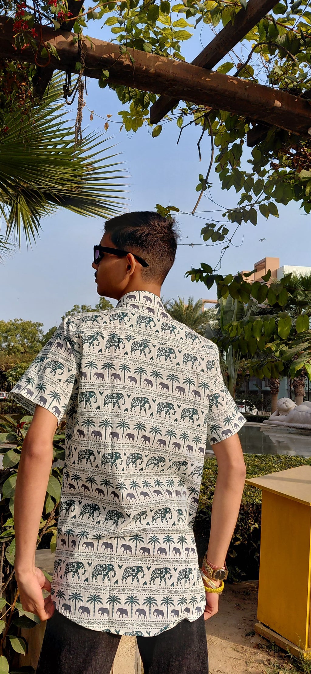 The Gajraj Shirt | White Elephant & Palm Print Shirt