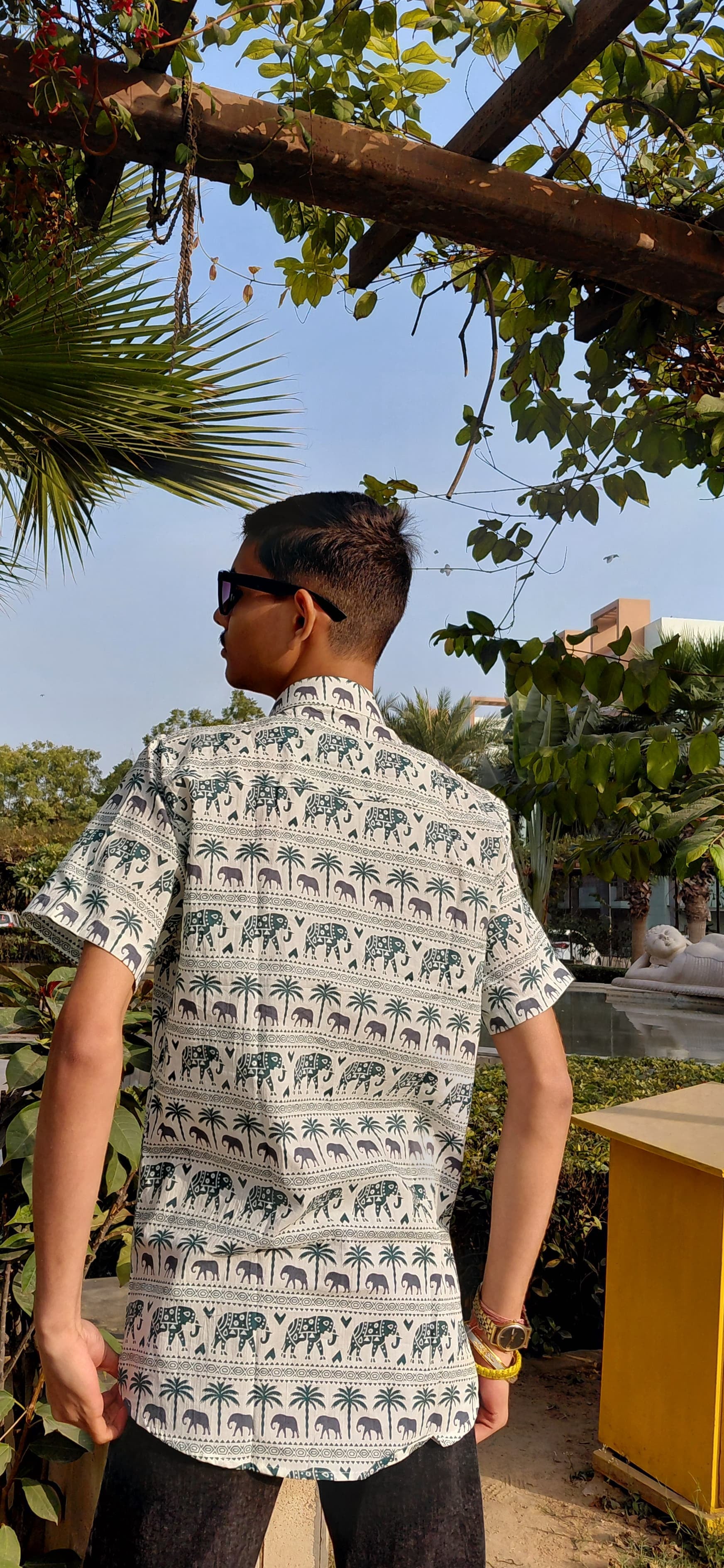 The Gajraj Shirt | White Elephant & Palm Print Shirt