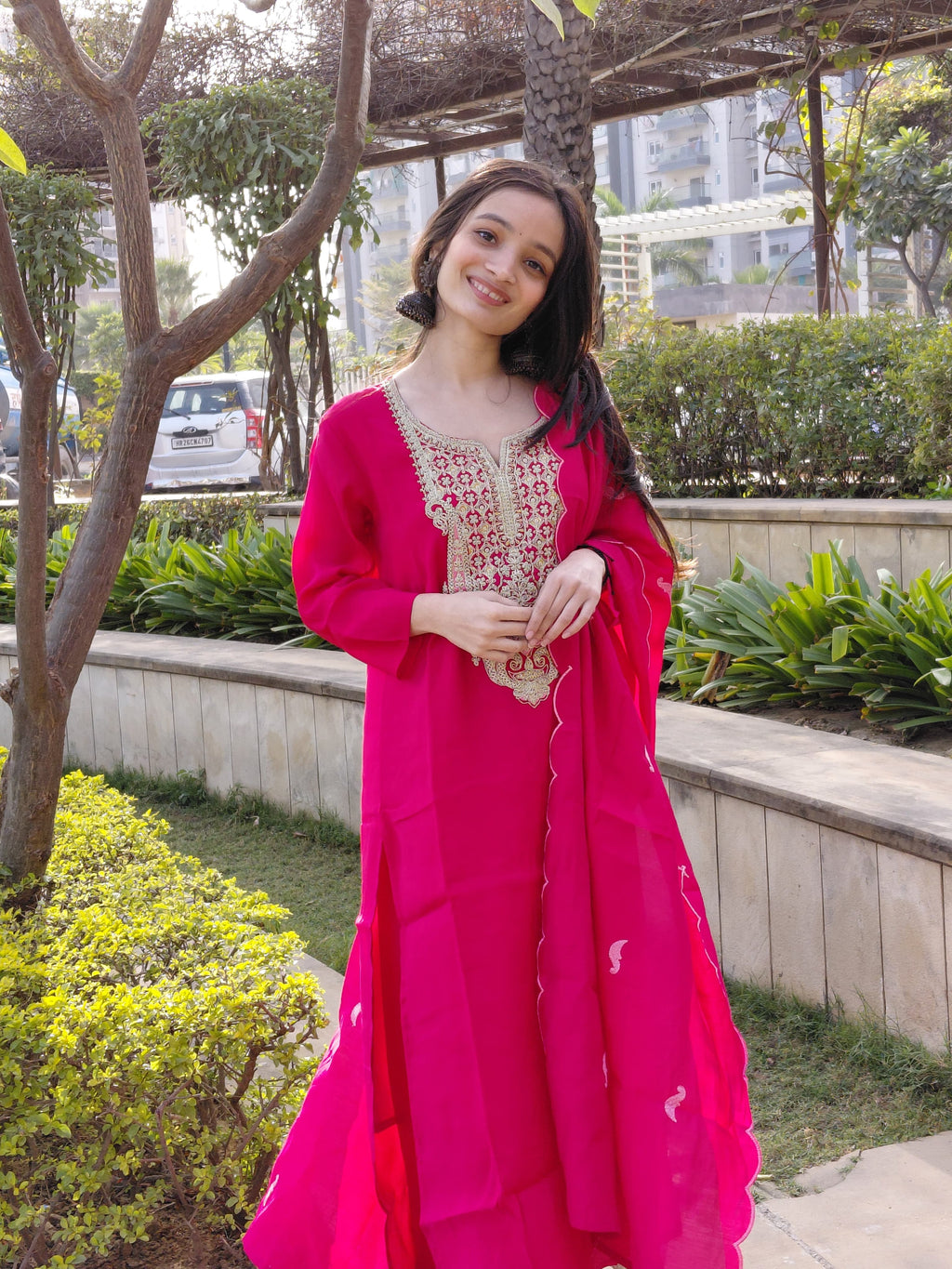 The Gulaboo Set | Roman Chanderi Rani Pink Suit