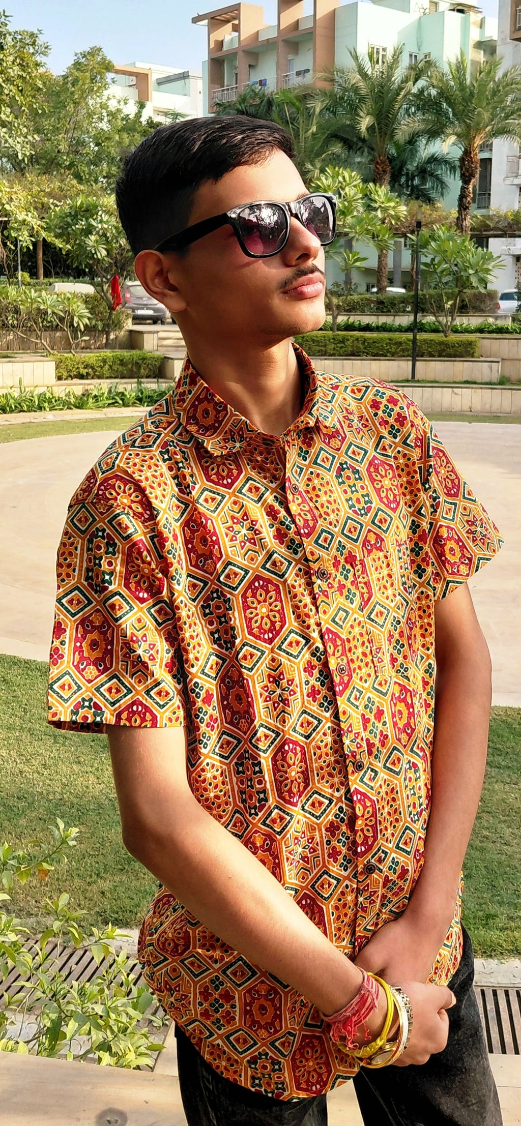 The Reyansh Shirt | Mustard Yellow Geometric Print Shirt
