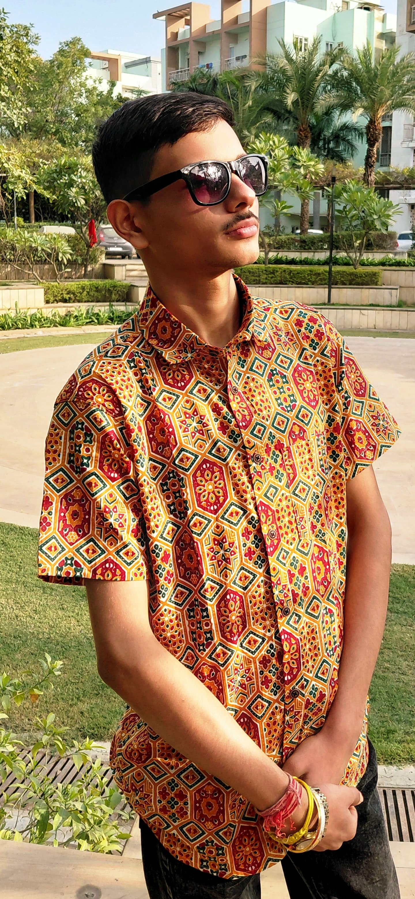 The Reyansh Shirt | Mustard Yellow Geometric Print Shirt