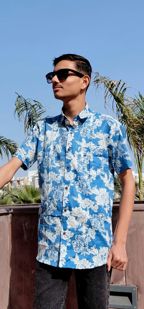 The Kabir Shirt | Ocean Blue Floral Cotton Shirt