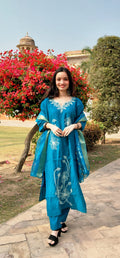 The Zoya Set | Teal Blue Floral Embroidered