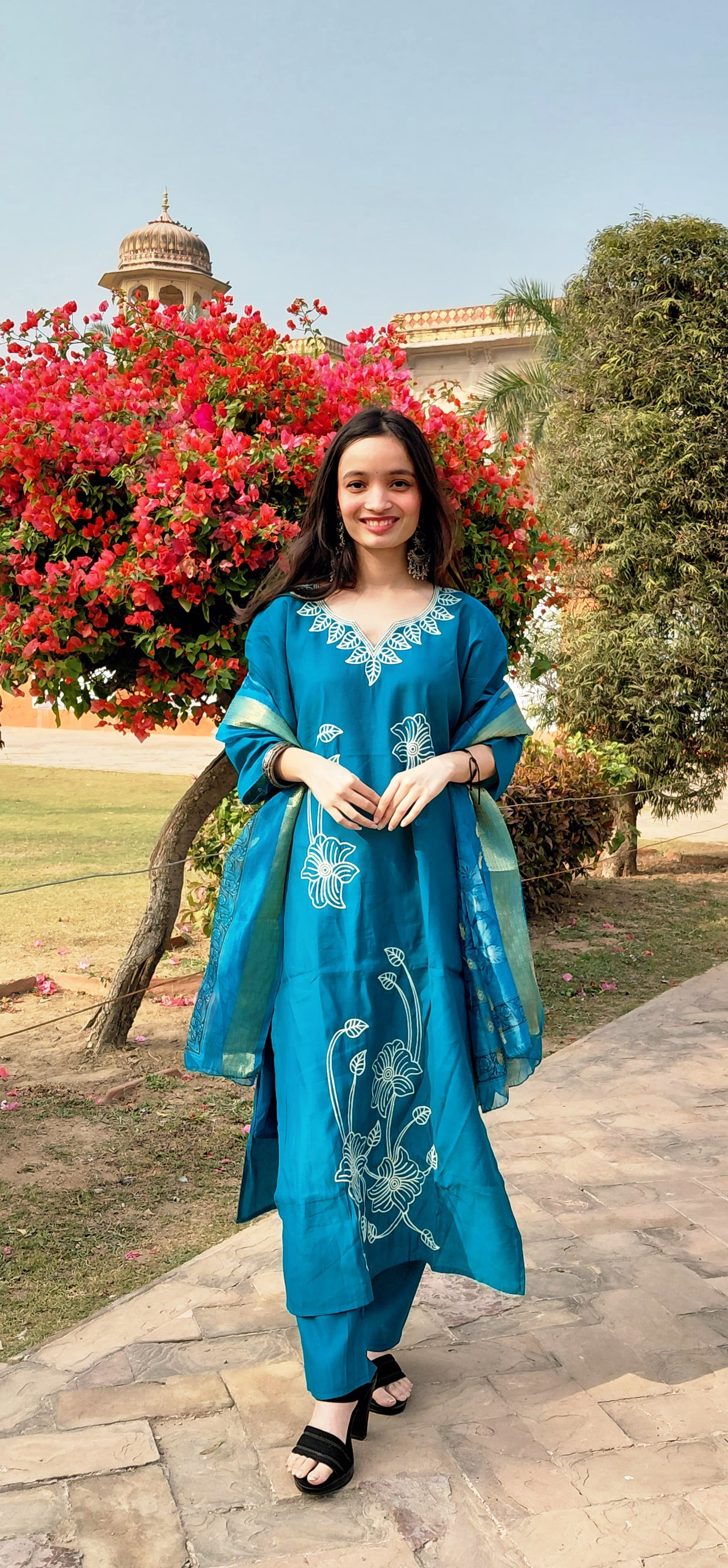 The Zoya Set | Teal Blue Floral Embroidered