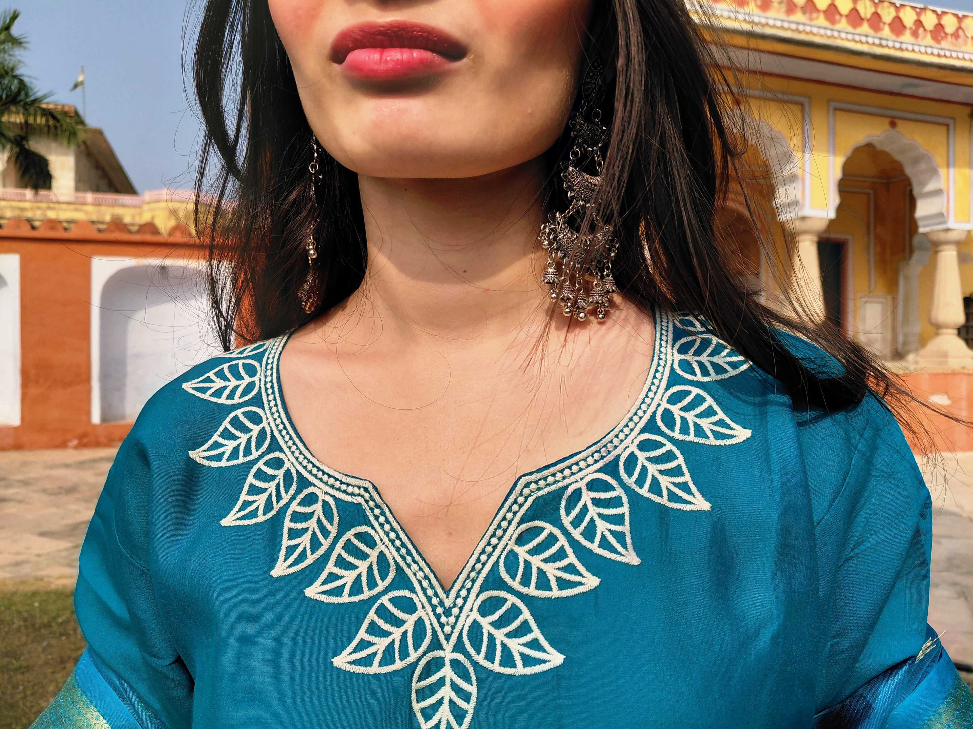 The Zoya Set | Teal Blue Floral Embroidered