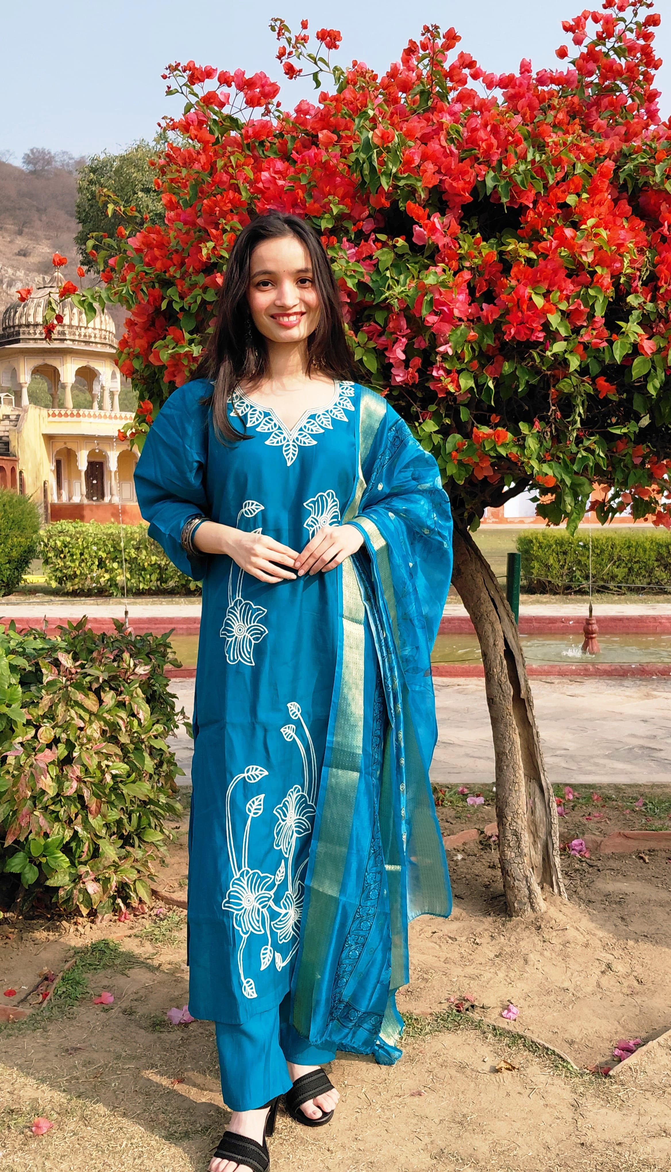 The Zoya Set | Teal Blue Floral Embroidered