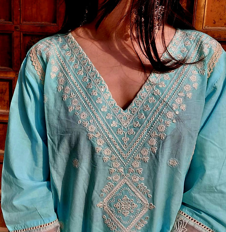 The Falak Set | Sky Blue Scalloped Embroidered Suit