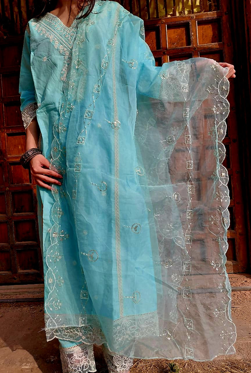 The Falak Set | Sky Blue Scalloped Embroidered Suit