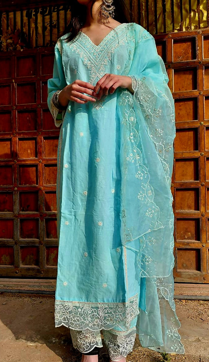 The Falak Set | Sky Blue Scalloped Embroidered Suit