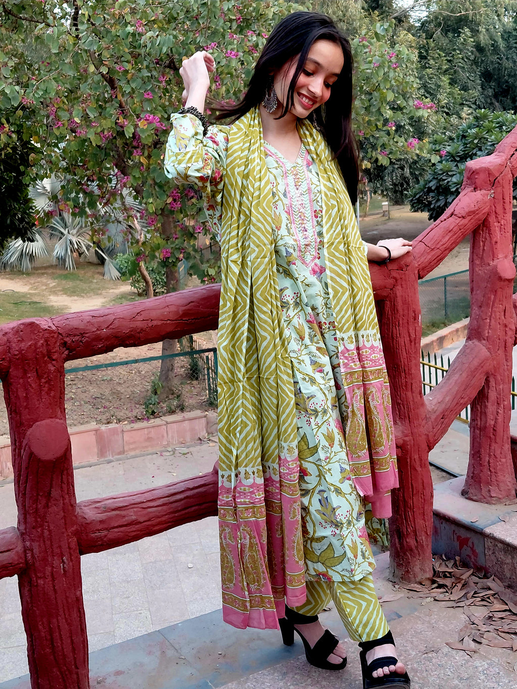 The Aisha Set | Sage Green Floral & Leheriya Suit