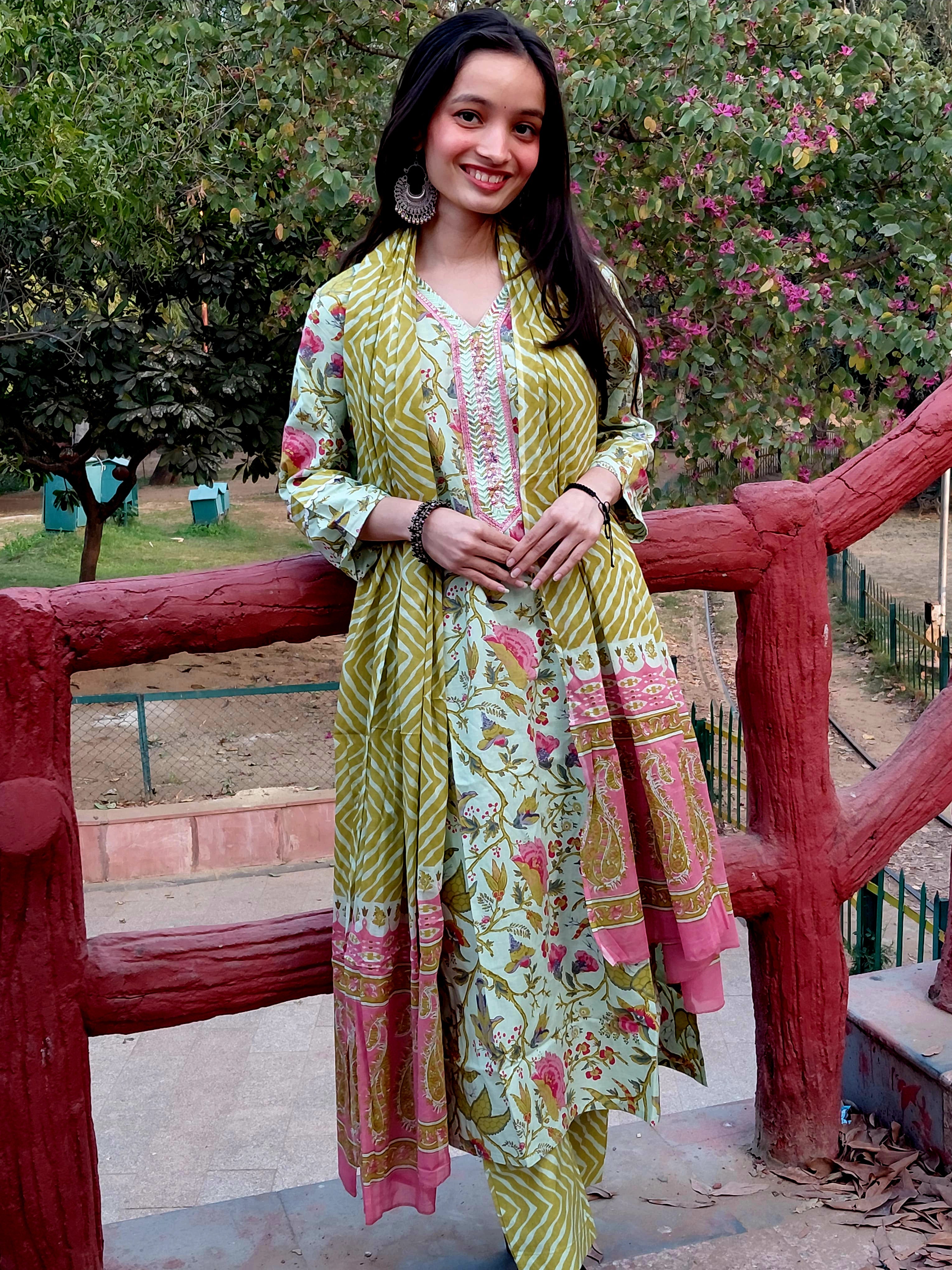 The Aisha Set | Sage Green Floral & Leheriya Suit