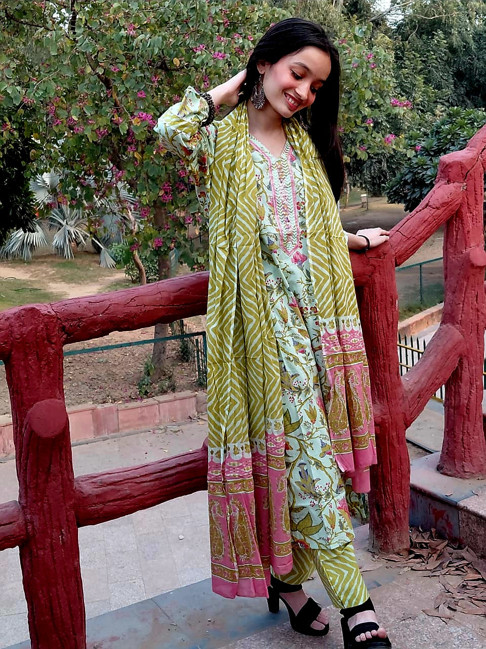 The Aisha Set | Sage Green Floral & Leheriya Suit