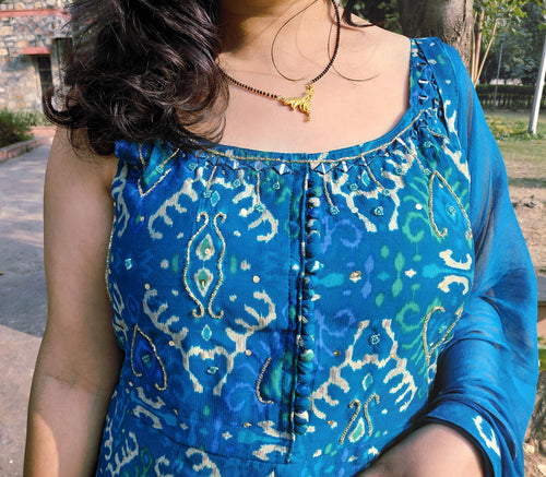 Neelam Indigo Blue Ikat Printed Anarkali Set - Sleeveless Cotton