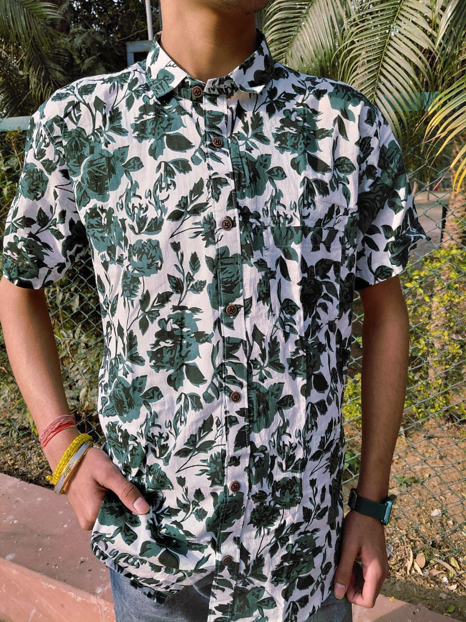 The Sameer Shirt | White & Green Floral Print