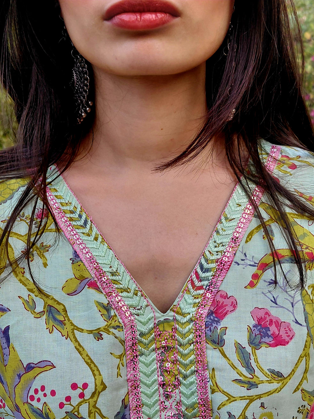 The Aisha Set | Sage Green Floral & Leheriya Suit