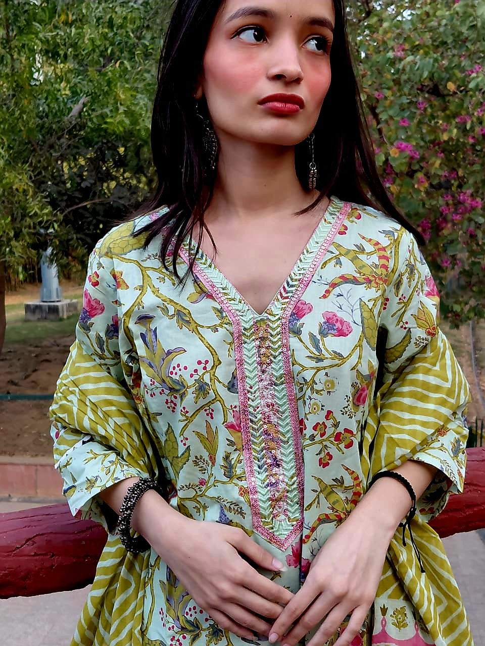 The Aisha Set | Sage Green Floral & Leheriya Suit