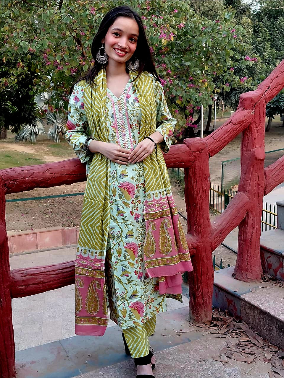 The Aisha Set | Sage Green Floral & Leheriya Suit