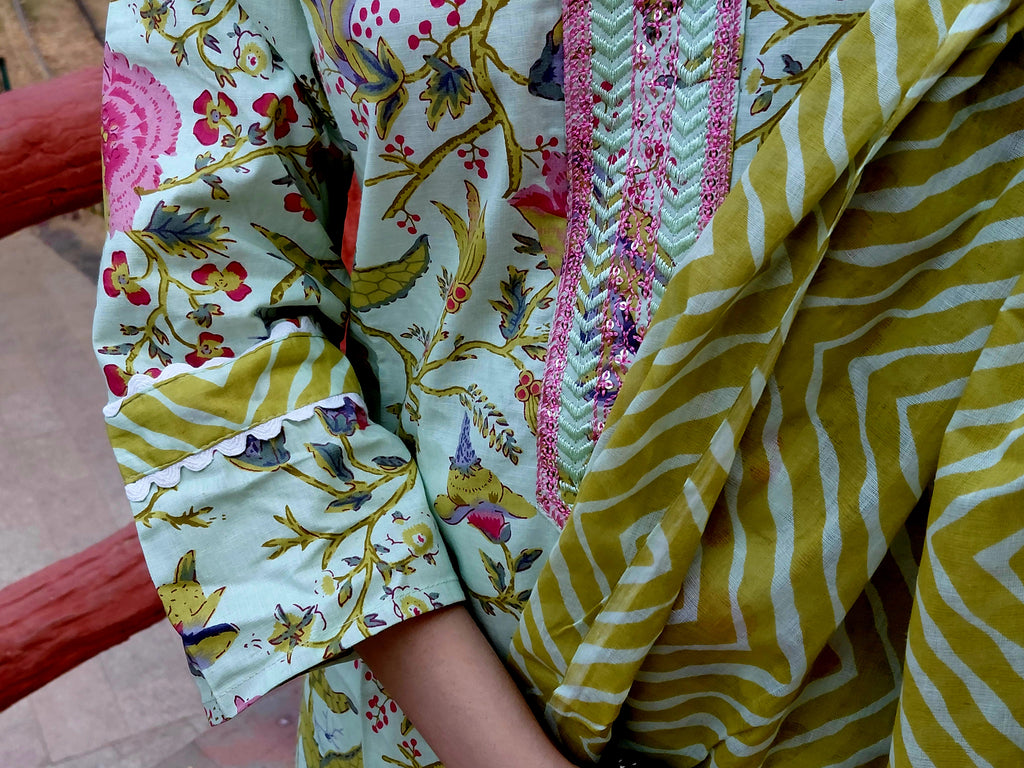 The Aisha Set | Sage Green Floral & Leheriya Suit