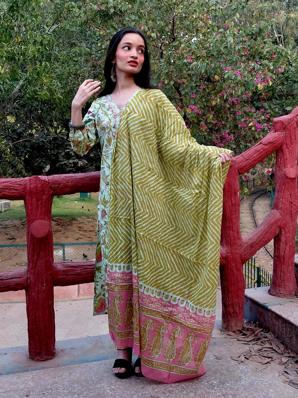 The Aisha Set | Sage Green Floral & Leheriya Suit