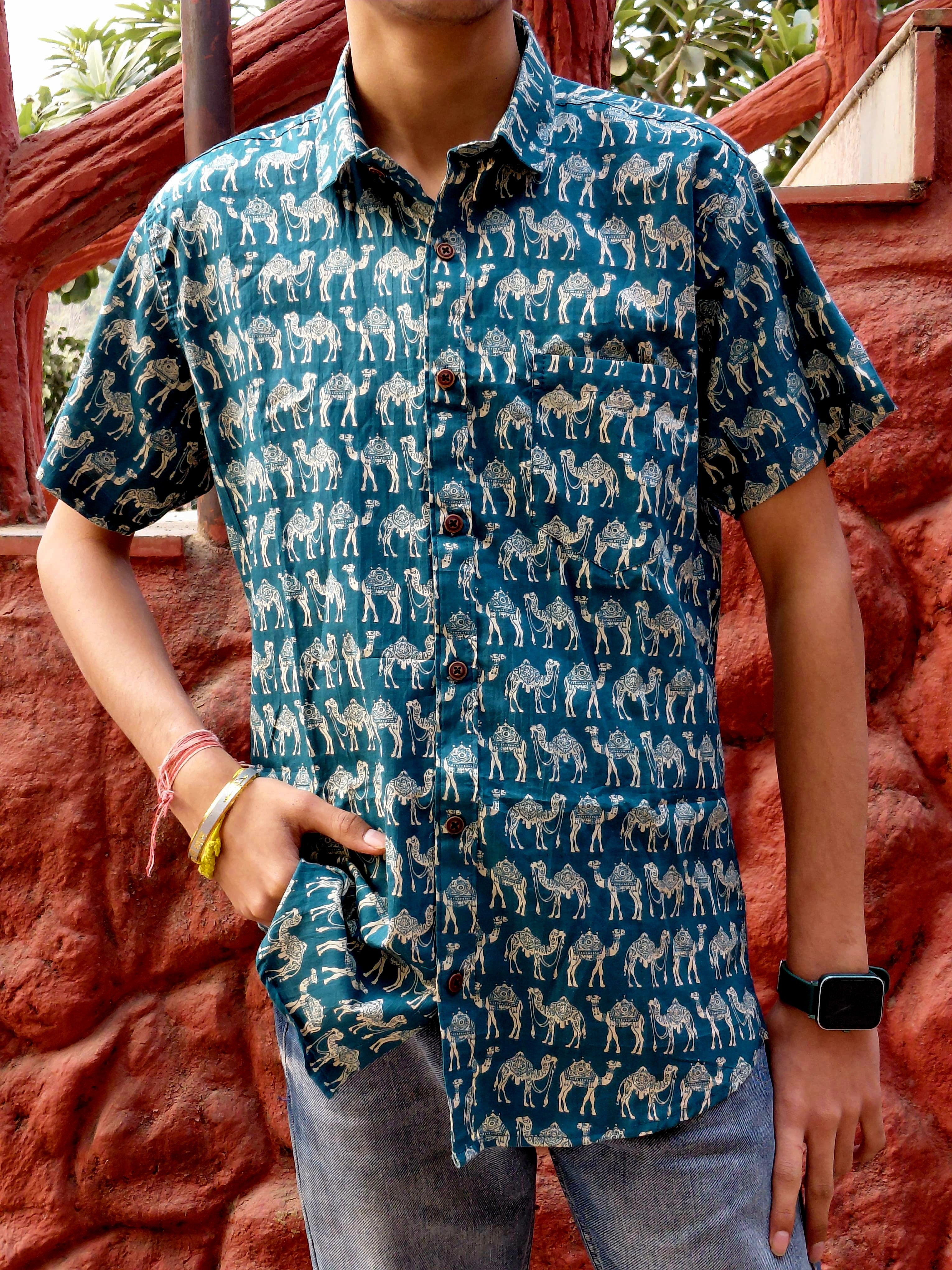The Banjara Shirt | Teal Blue Camel Print