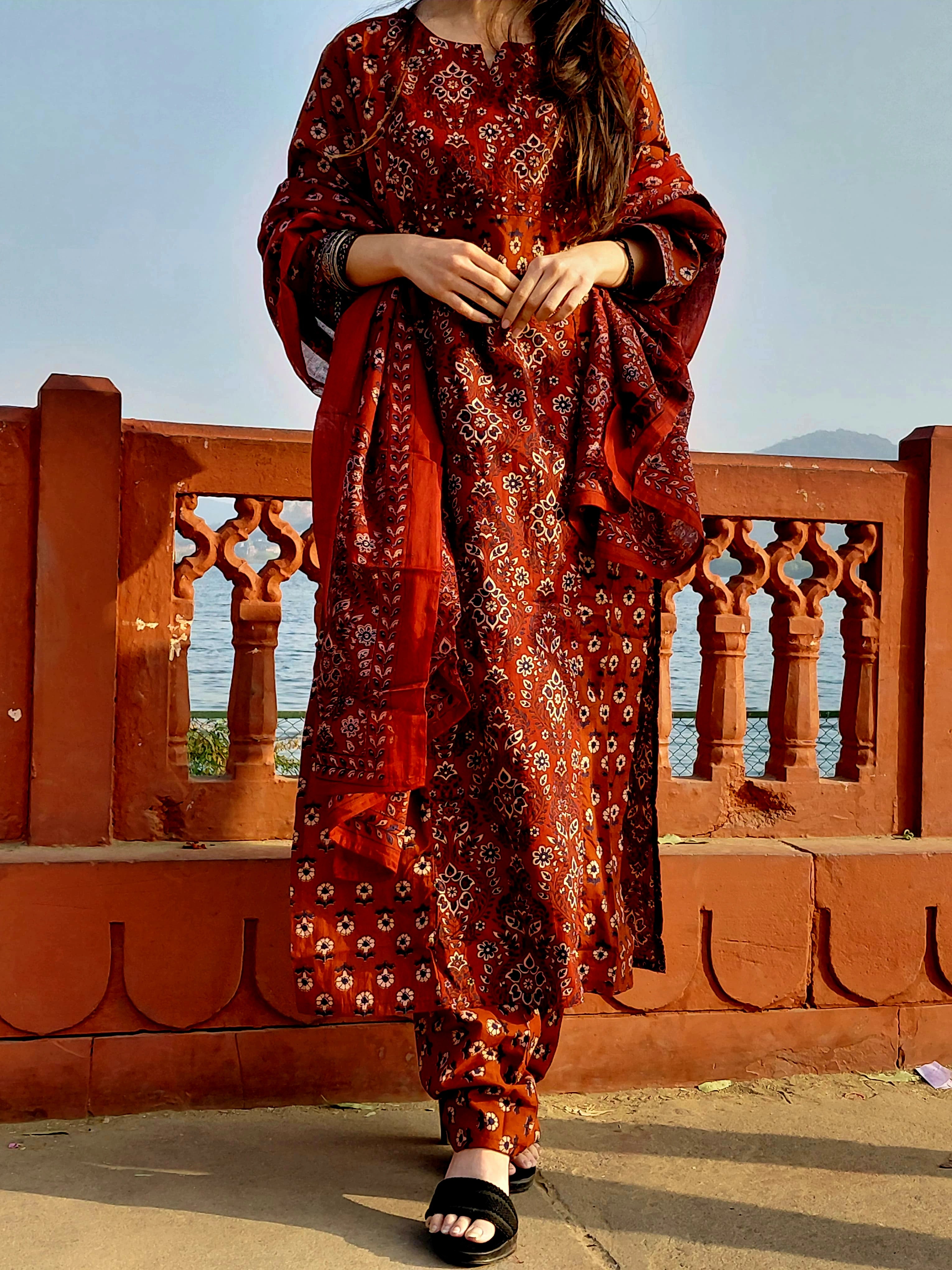 The Meera Set | Rust Red Block Print Suit