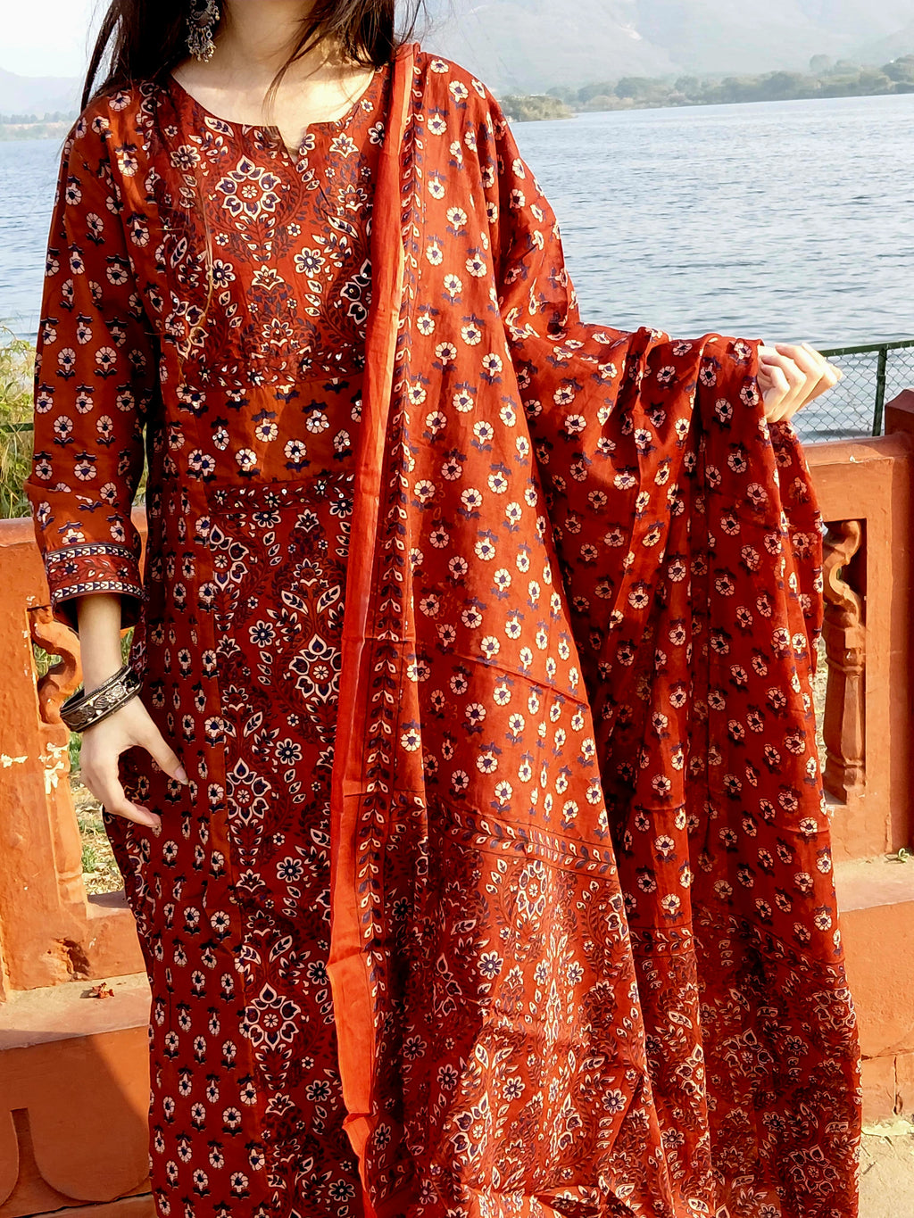 The Meera Set | Rust Red Block Print Suit