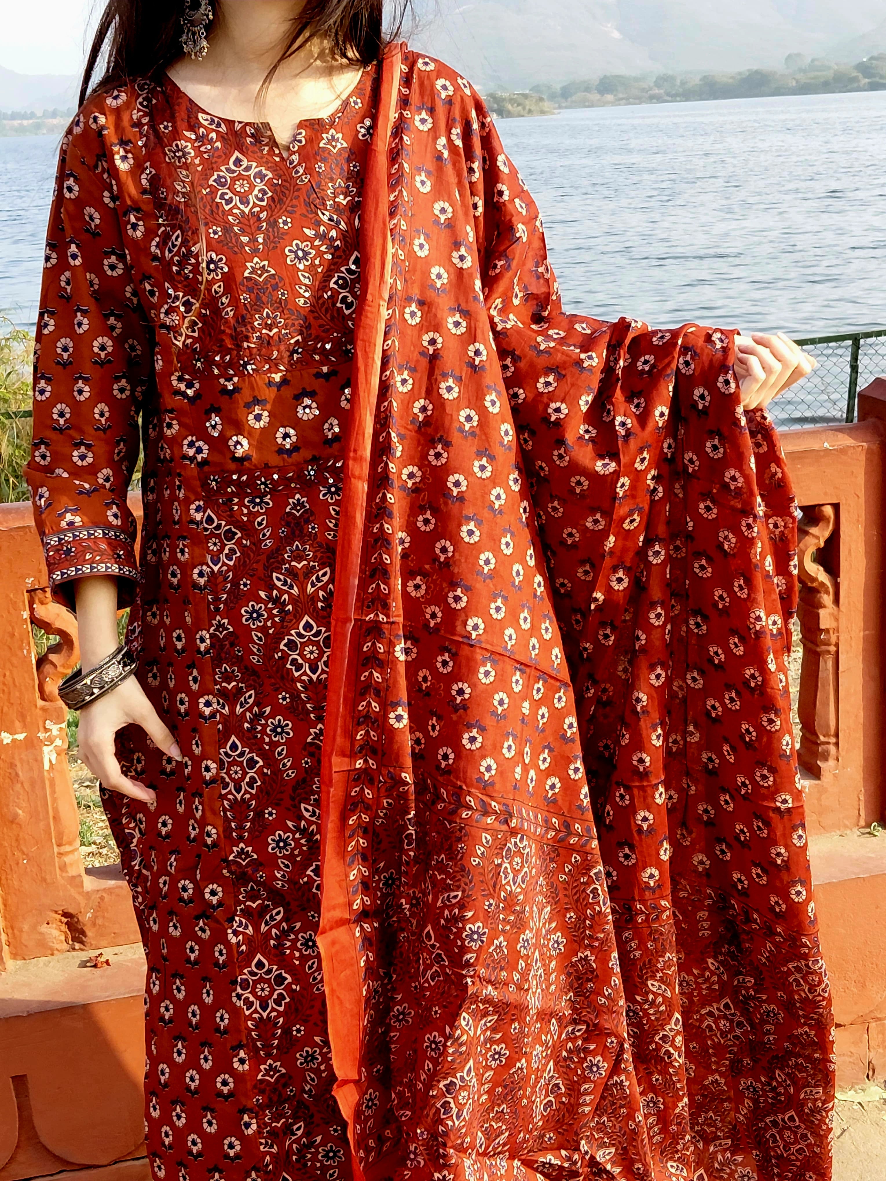 The Meera Set | Rust Red Block Print Suit