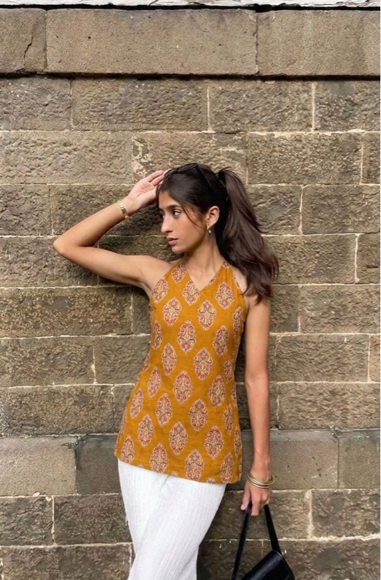 Maya Kurti mustard halter neck kurti in Taj cotton with ethnic block print