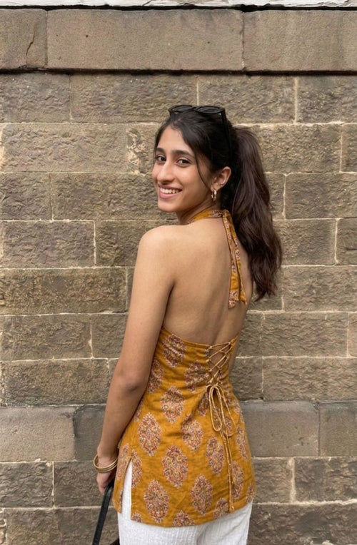 Maya Kurti mustard Taj cotton kurti with corset lace-up back and halter neck