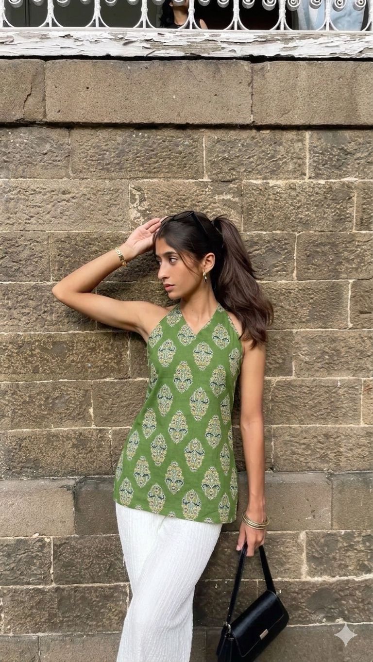 Green halter neck Kyra kurti for women with traditional print paired with white trousers – Roop Tara ethnic wear