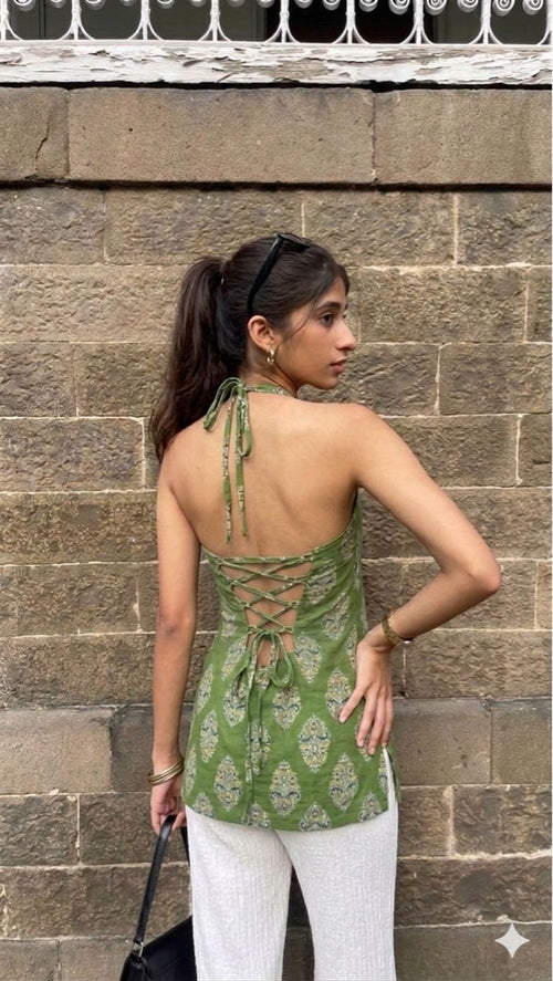 Backless lace-up Kyra kurti in green with halter neck design – stylish Indo-western kurti for women