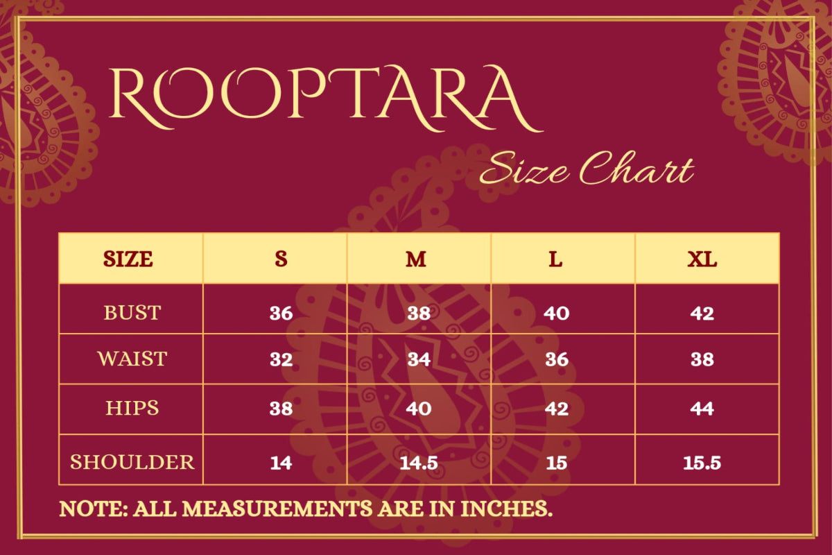 Rooptara size chart on a maroon background with decorative elements