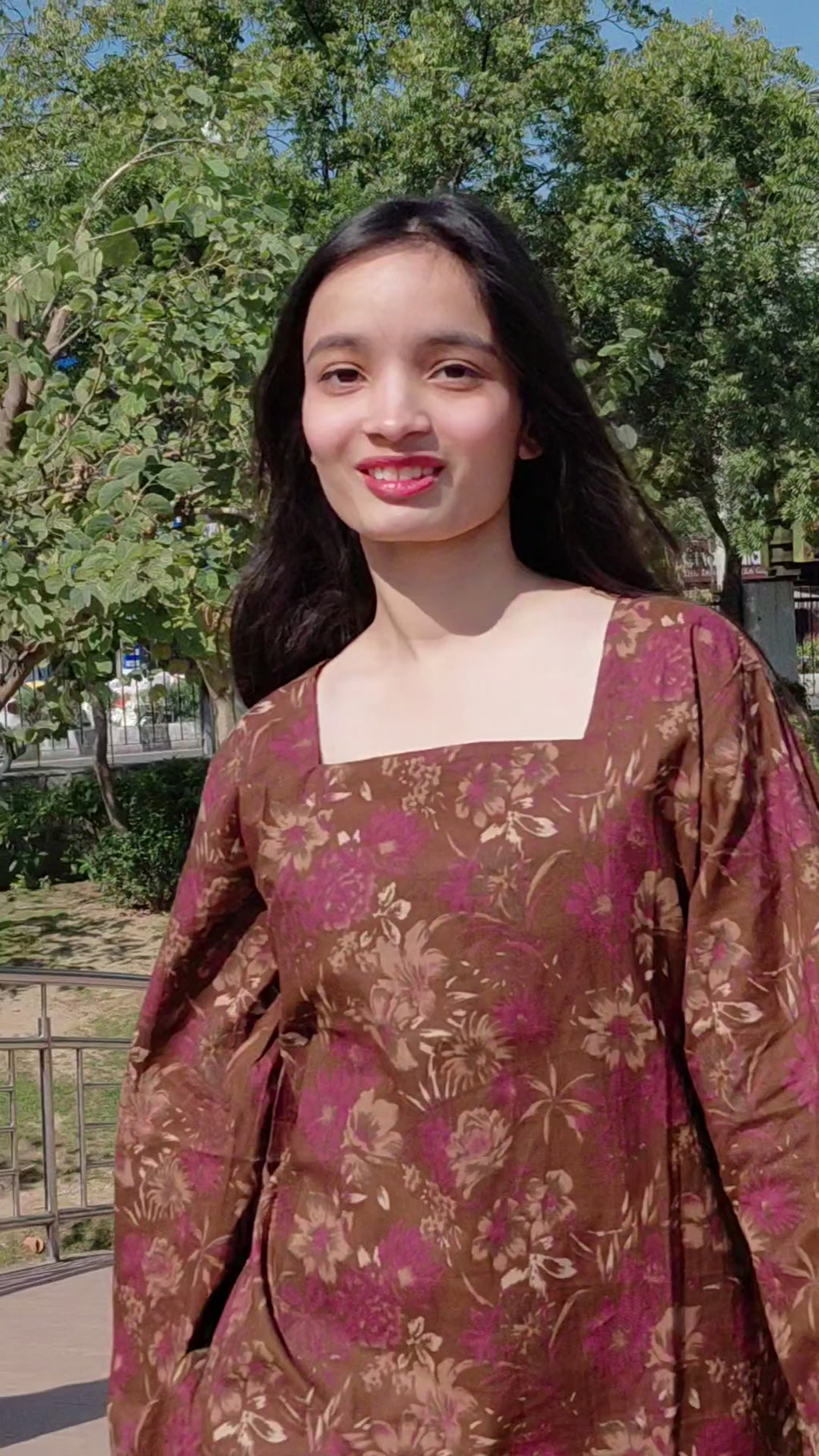Diya Earthy Autumn Short Kurti - Brown Floral Bell Sleeve Kurti