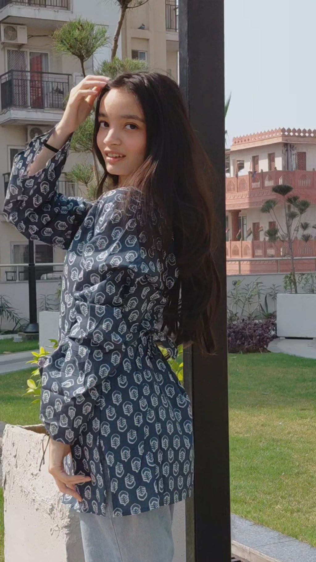 The Riva Kurti - Charcoal Grey Floral with Bell Sleeves