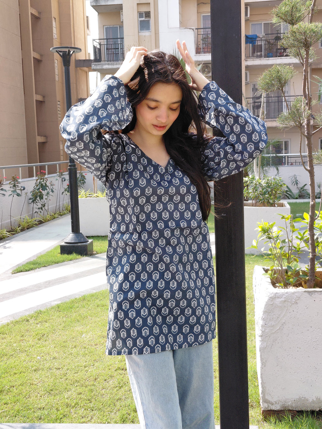 The Riva Kurti - Charcoal Grey Floral with Bell Sleeves