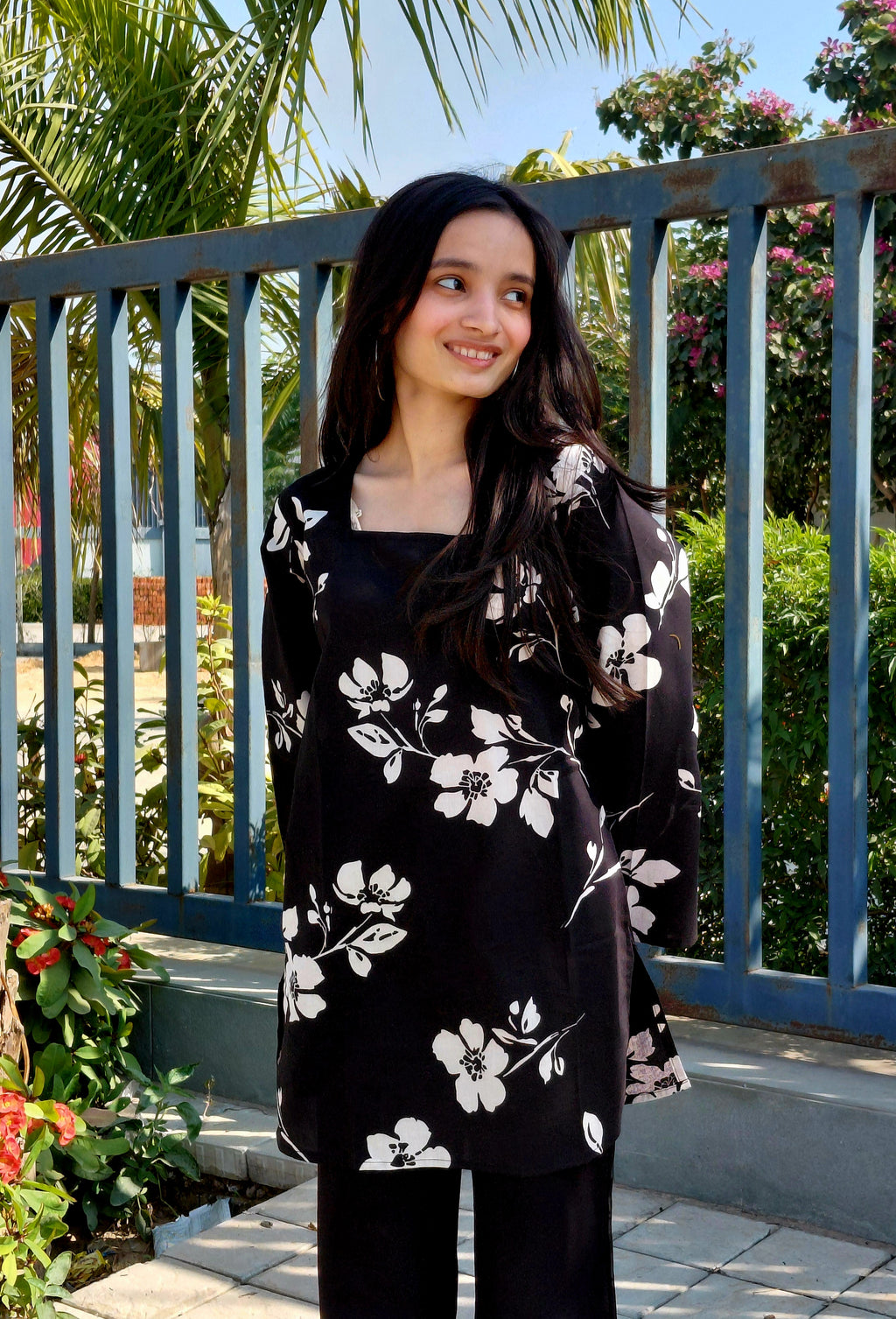 The Tara Set - Black & White Floral Kurti with Corset Back