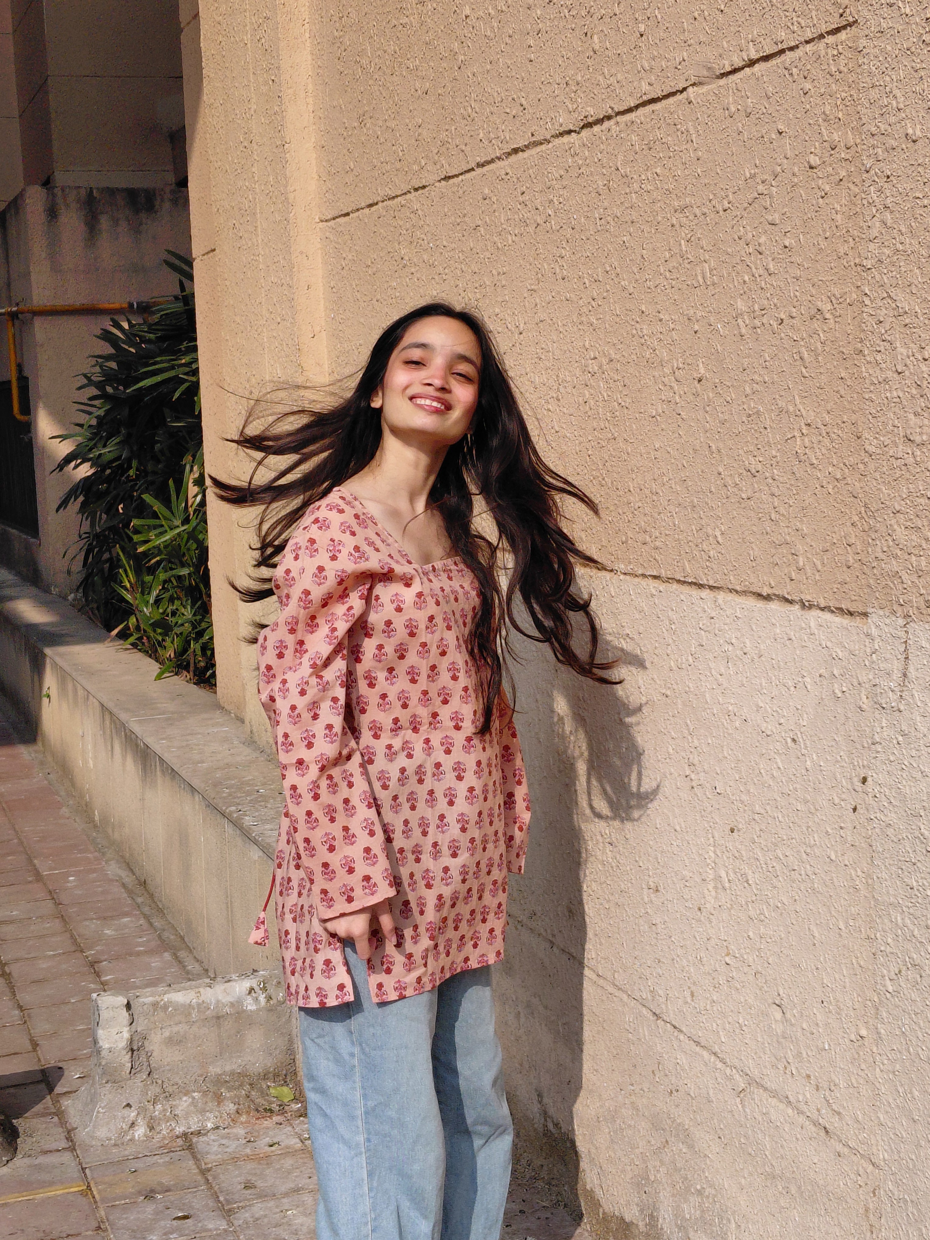 Women's pink floral short kurti – The Julie Kurti Blush Blossom by Roop Tara side view