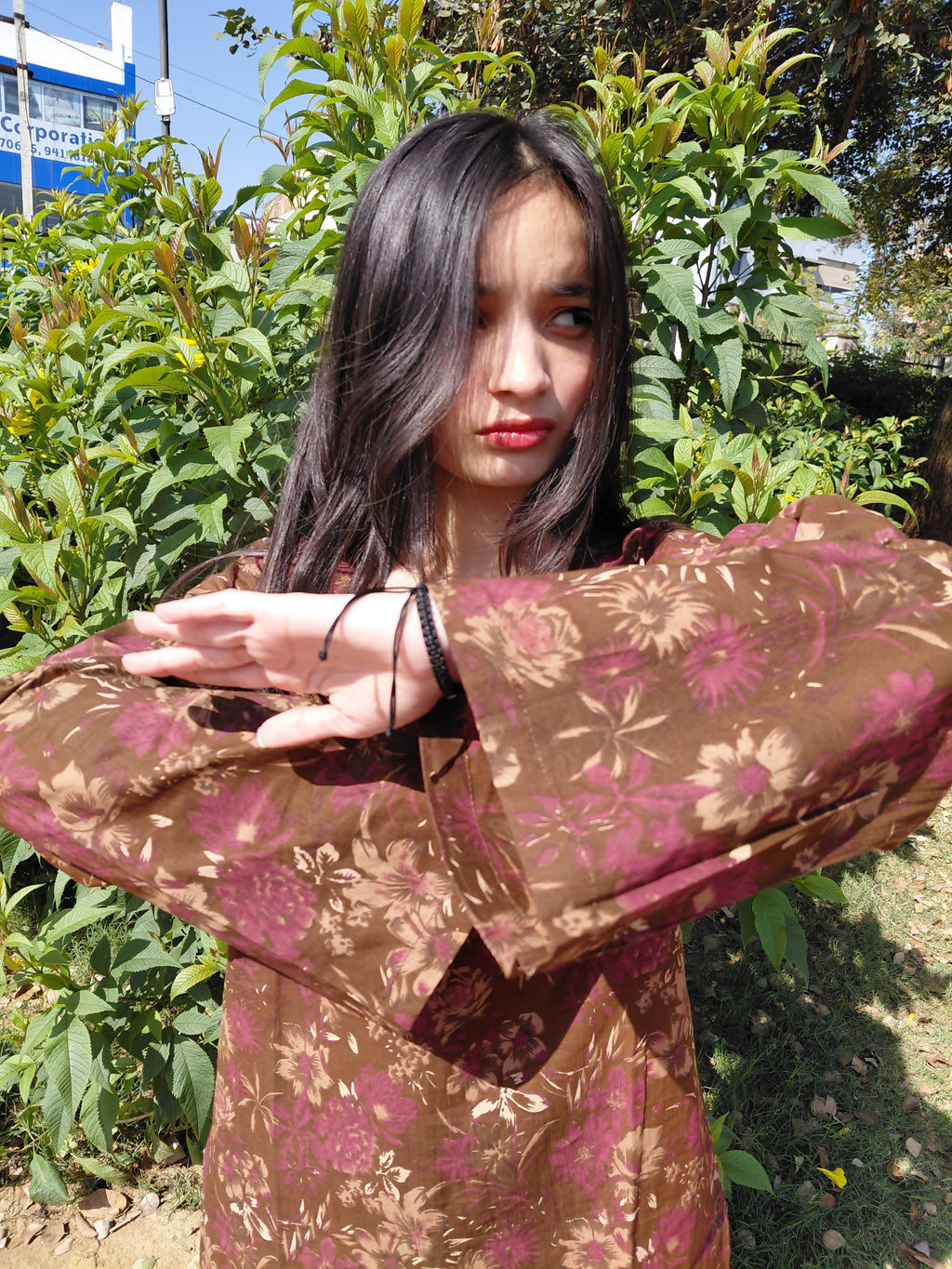 Diya Earthy Autumn Short Kurti - Brown Floral Bell Sleeve Kurti