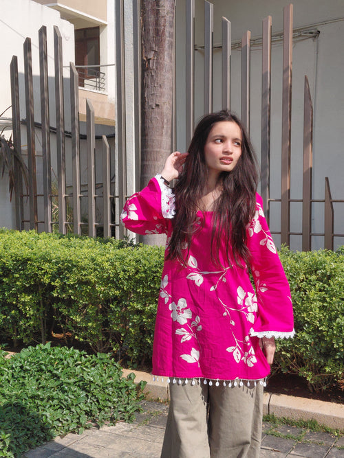 Ishani Magenta Shell Kurti - Handcrafted Cotton Short Kurti