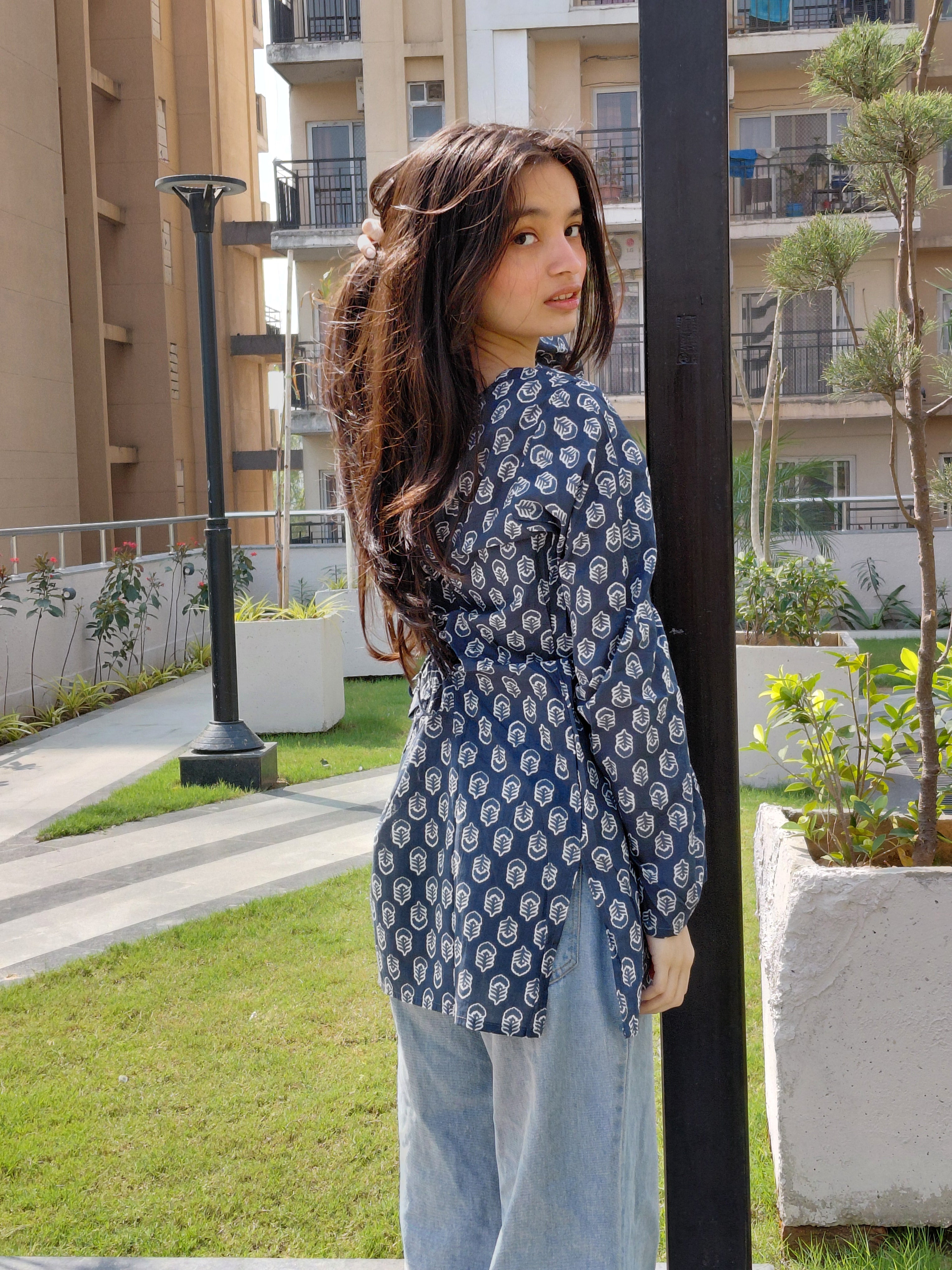 The Riva Kurti - Charcoal Grey Floral with Bell Sleeves